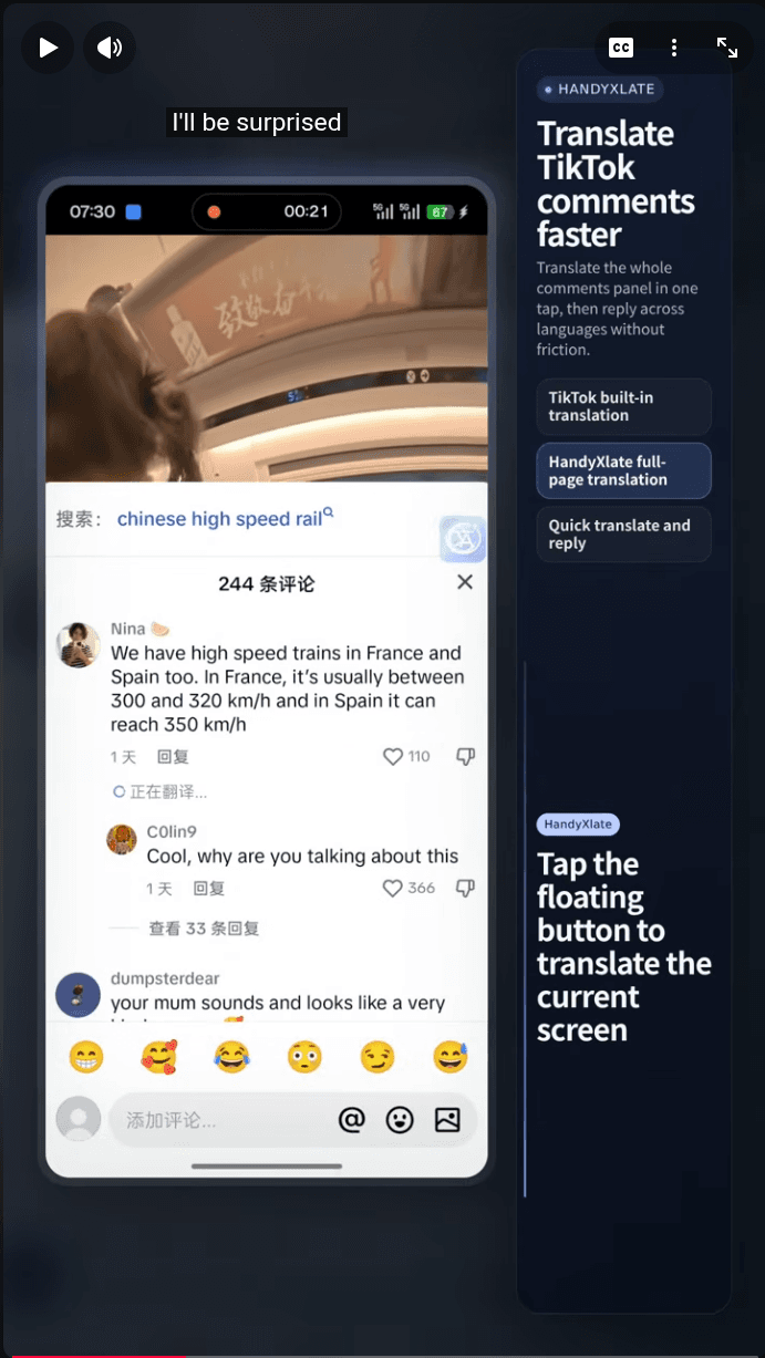 Die schwebende Blase von HandyXlate über den TikTok-Kommentaren
