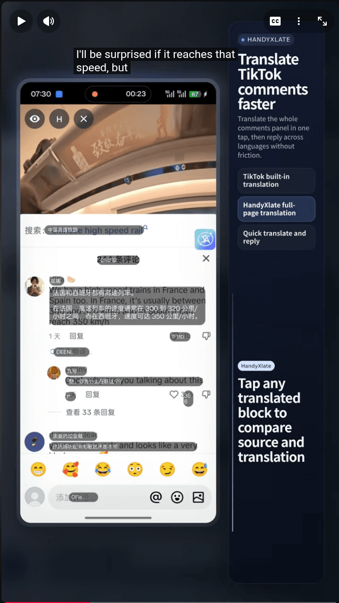 HandyXlate zeigt die Übersetzung der TikTok-Kommentare direkt über dem Bildschirm auf Android